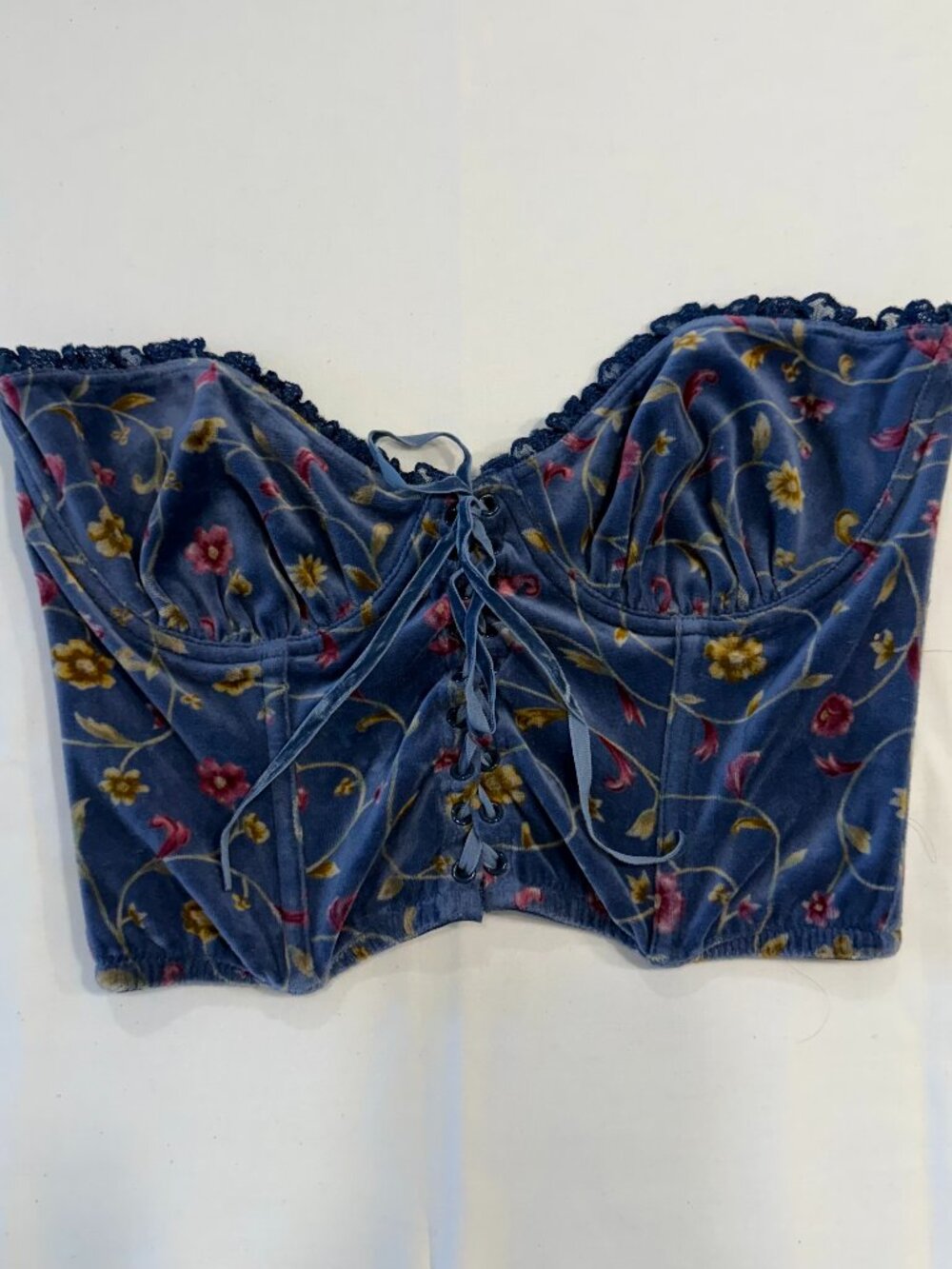 Vintage Y2K Victoria's Secret Country Blue Velvet Floral Corset Bustier 36C